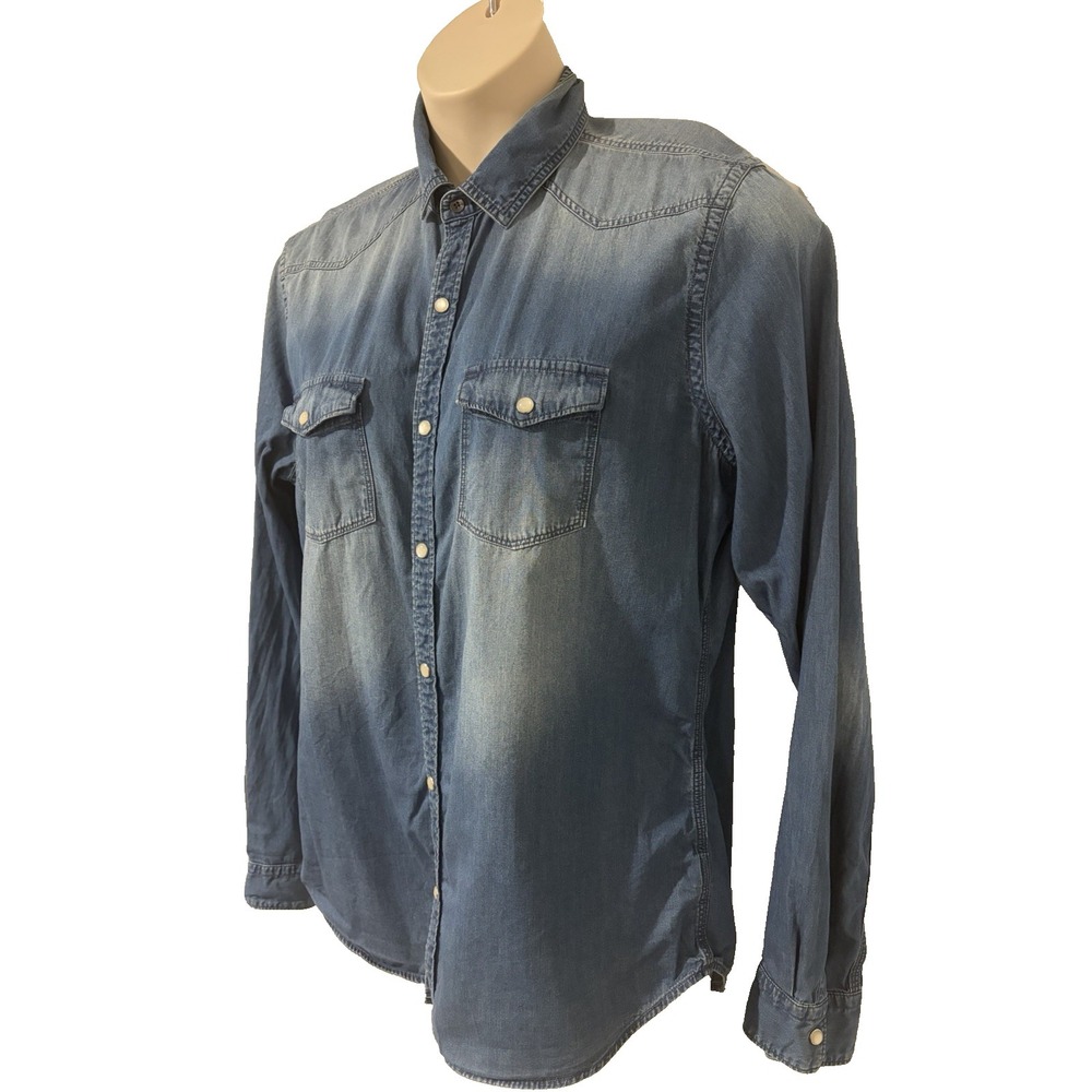 Express Pearl Snap Distressed Denim Western Shirt~L~Dutton Cowgirl Boho Rodeo